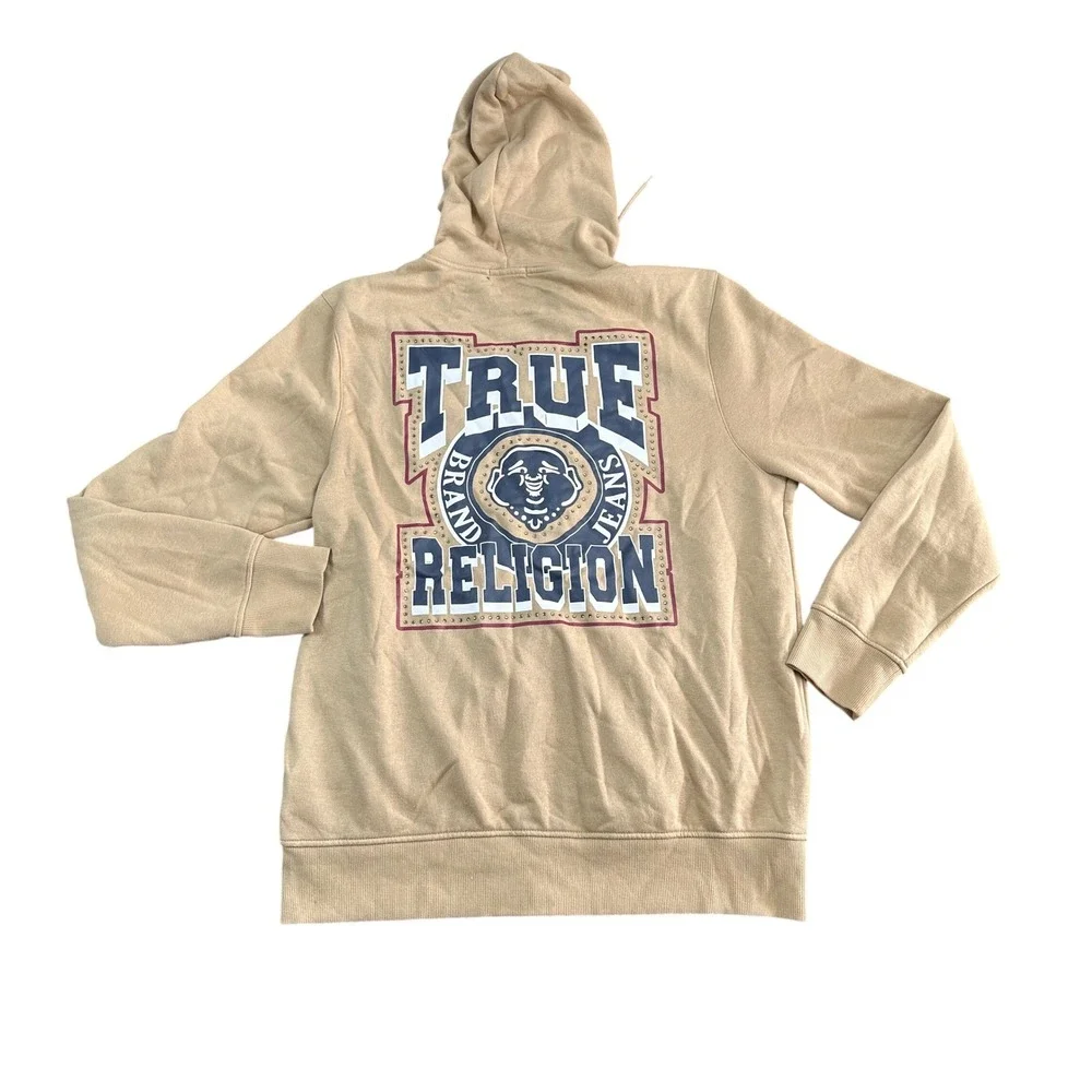 True Religion Mens XL Tan Buddha Graphic Full Zip Fleece Hoodie Sweatshirt Beige